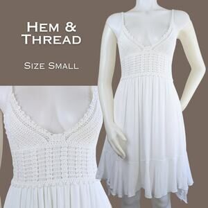 Hem & Thread Sundress Minidress Small White Crochet Lace Bodice Flowy Gauze Boho